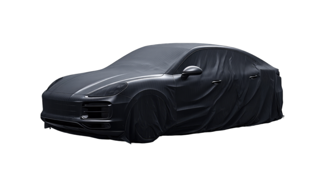 Dark SUV shrouded in draped fabric