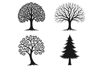 Naklejka premium Stylized black tree silhouettes collection – leafy oak, bare winter branches, spiral abstract tree, evergreen pine – versatile nature clipart for logos, tattoos, wall art, eco branding, decor