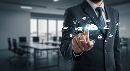 A businessman in a suit interacts with digital cloud computing icons, pointing at the screen.