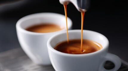 Freshly brewed espresso is pouring into white cups. The rich, dark coffee contrasts beautifully with the clear liquid. Ideal for coffee lovers and baristas alike. 