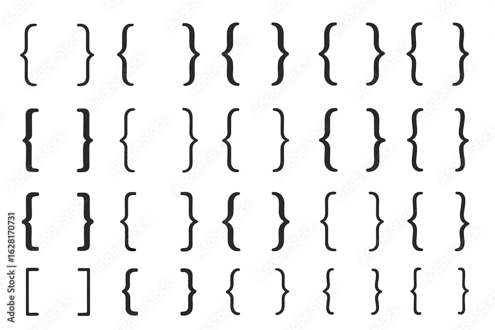 Wall mural curly braces and square brackets icon set. 36 diverse bracket styles, vector symbols for code, math,