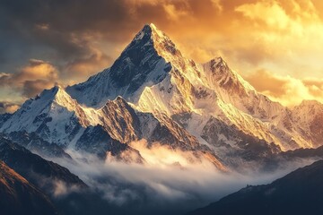 Snow-capped mountain range at sunrise, golden light hitting the peaks, mist rolling through the valleys, ultra-HD, breathtaking landscape