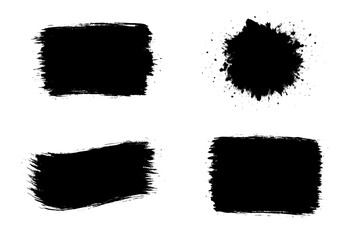 Black grunge brush stroke vector set – 4 rough paint rectangles and splatter spot, distressed ink texture smears, abstract grungy brushstroke shapes for banner background, design overlay, masking