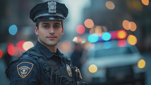 Guardians of the City: A steadfast officer in formal uniform, a beacon of protection and service, stands vigilant amidst the city lights.