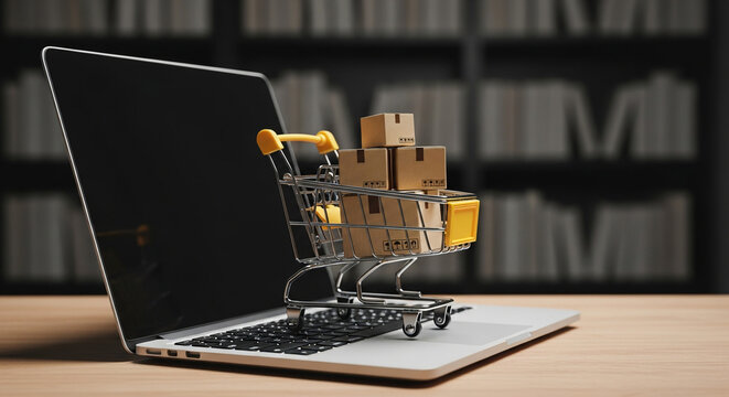 Online shopping concept with a miniature shopping cart full of packages on a laptop. E-commerce, digital retail, and business sales background. - Powered by Adobe