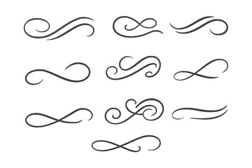 Elegant calligraphic swirls and flourishes set, decorative curved dividers, vintage scroll swoosh accents, ornate line ornaments for invitations, logos, wedding cards, certificates, stationery designs