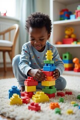 A small black boy in pajamas is stacking colorful plastic blocks on a carpet. The room has a window with daylight and shelves filled with toys