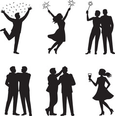 Obraz premium Silhouettes of People Celebrating with Sparklers and Drinks - Vector Art of Joyful Group Moments