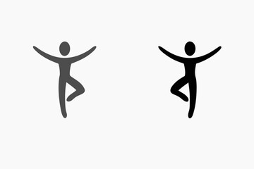 Two simplified human figures in a yoga tree pose one dark gray and one black against a white background
