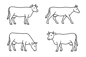 Farm cattle silhouettes set — standing, walking, grazing cow outline vector illustration for agriculture design, dairy farm infographic, rural education materials, livestock icon pack