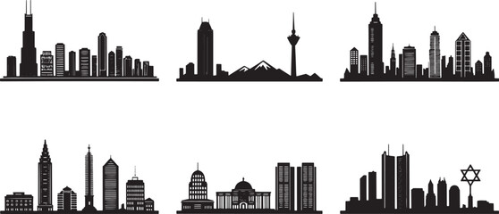 Naklejka premium Detailed Cityscape Silhouette Collection A Diverse Urban Skyline Vector Set for Design Projects and Illustrations