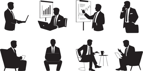 Diverse Business Professionals Silhouettes in Action - Office Dynamics and Corporate Lifestyle Vectors
