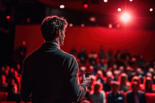 Entrepreneur delivering a TED Talk, confident posture, spotlight effect, packed audience, cinematic depth