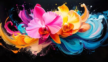 Fototapeta premium Abstract Orchid Painting with Dynamic Color Splashes