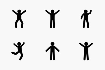 Set of six black stick figure icons showing different poses and actions on a white background