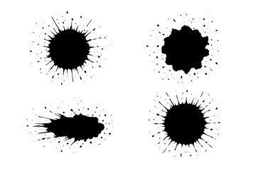 Artistic black ink splatter vector set of 4, paint splashes on white background, dynamic abstract design elements for logos, branding, creative art projects, and graphic design