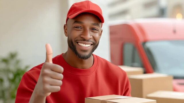 Smiling courier in red uniform holding a parcel box and giving a thumbs up gesture. Friendly and trustworthy vibe, great for delivery services, food logistics or customer satisfaction