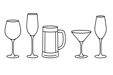 Elegant line art drinkware set with wine glass, champagne flute, beer mug, martini cocktail coupe, minimalist black outline silhouettes, assorted bar glass collection vector illustration on white