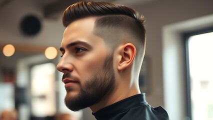 A professional barber focused on hairstyling, captured in a clean composition with warm side lighting.
