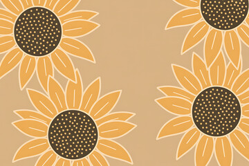 Photo of seamless pattern of yellow sunflowers with brown centers on a tan background, floral design