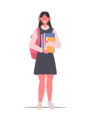 School girl hold copybooks and book on white background. Teenager girl in school uniform with pink backpack. School and education concept. Vector Not AI generate