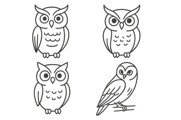 Hand-drawn owl outline bundle – 4 minimal line art owls, cartoon mascot clipart, tattoo flash, woodland bird icon set, simple sketch style, isolated vector collection for posters & logos