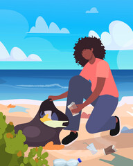 An African American woman collecting plastic and garbage on a sandy shore as part of a community beach cleanup initiative. Vector Not AI generated
