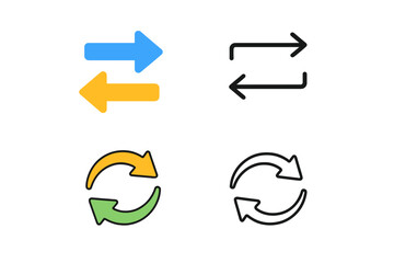 Bidirectional arrows and circular refresh icons set, colorful blue yellow green swap exchange transfer symbols, thin black outline variations, vector direction navigation reload sync UI pack