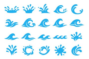 Blue water splash and ocean wave icons collection of 20 vector designs, liquid clipart set, stylized aquatic splash symbols, sea wave graphics, fluid movement elements for surf, beach, summer projects