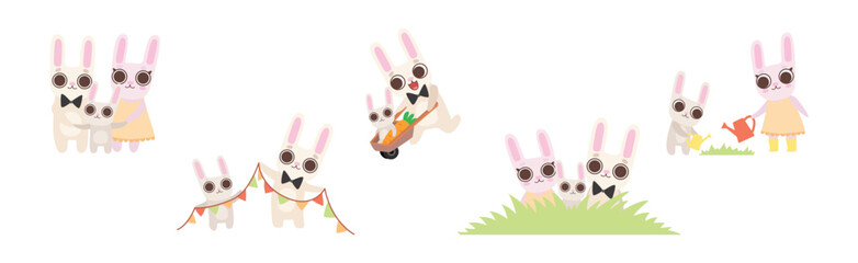 Lovely Bunny Family with Mom, Dad and Baby Vector Set