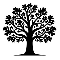 Fototapeta premium Clean black and white silhouette vector of a oak tree on white background