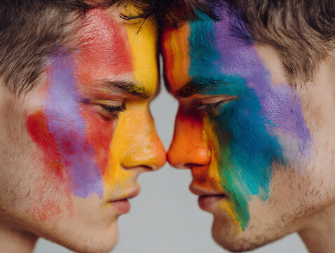 Creative expression through colorful face paint during an artistic collaboration between two men