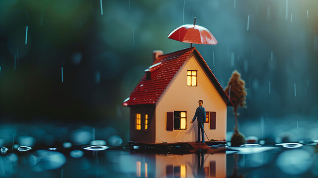 Family property, life and health insurance concept. man protecting house model