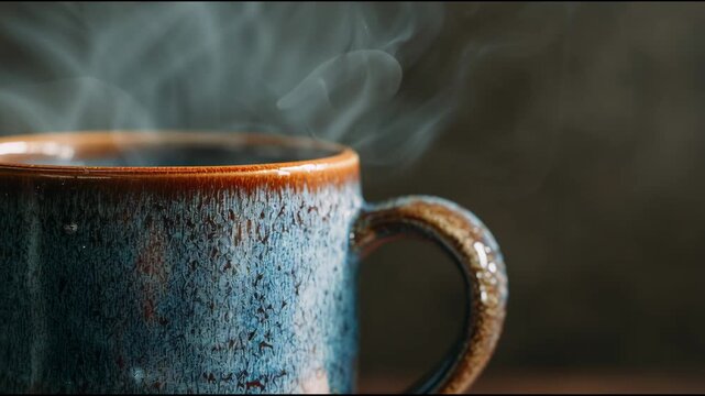 A rich, dark, steaming coffee rests in a mug against a blurred background