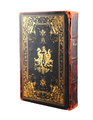 Antique leather book with embossed cover, isolated on transparent cutout background