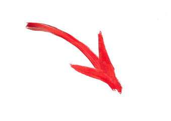 A vibrant red, hand-painted arrow with a dynamic curve, pointing diagonally downwards and to the right on a light grey background.