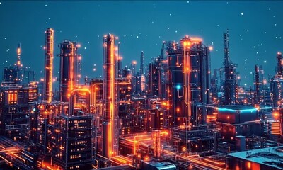 A futuristic industrial complex illuminated by glowing light - Powered by Adobe