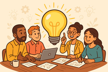 Creative business team brainstorming innovative ideas collaboration meeting. Diverse colleagues working together developing strategy. Lightbulb symbol innovation teamwork
