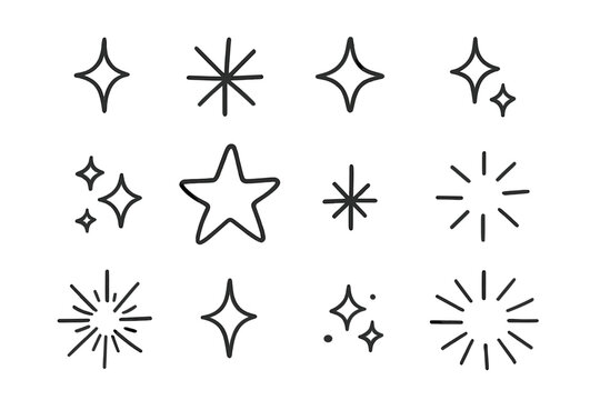 Hand drawn sparkle starburst elements set. Doodle line star shine burst icons collection. Decorative magic twinkle symbols for creative design graphics vector
