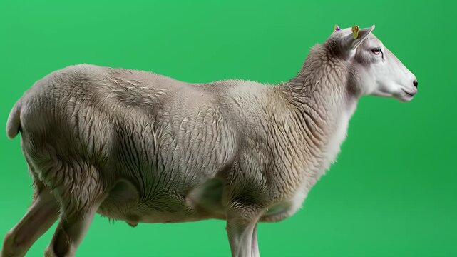 Domestic Sheep Standing in Profile on Green Screen Background for Easy Compositing