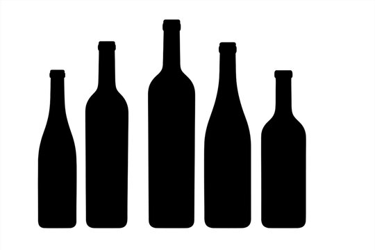 Black wine bottle silhouettes of assorted shapes in minimal row, isolated on white, versatile vector for winery branding, beverage packaging mock-up, bar menu design, chic alcohol icon set