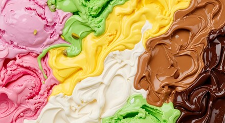 Obraz premium A vibrant, close-up view of assorted flavors of creamy, soft-serve ice cream artfully swirled together, showcasing a spectrum of colors and textures.
