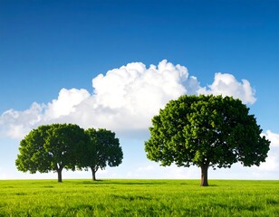 Obraz premium Scenic landscape with vibrant green trees against a blue sky and white clouds