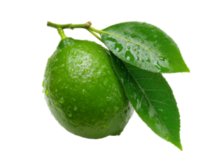 Fresh lime with dew drops on leaves isolated on black, Isolated On White Background, Png Transparent