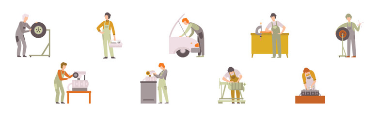Car Service Man Worker Character Repair and Fix Engine Vector Set