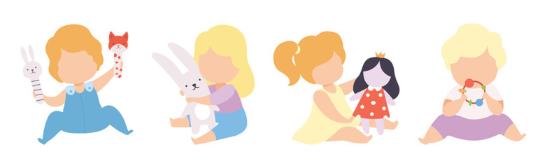 Baby Boy and Girl Playing Toys in Nursery Vector Set