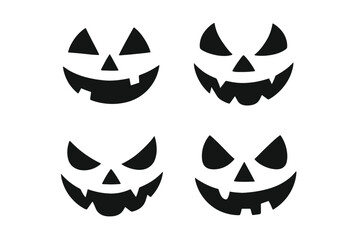 Halloween pumpkin jack-o'-lantern faces set collection. Spooky scary happy expressions silhouettes. Black carved pumpkins vector illustrations transparent background
