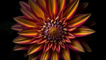 Vibrant orange and red dahlia flower with dark background