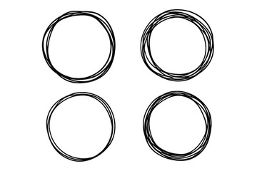 Hand-drawn irregular circle sketches set of 4, various styles doodle frames, abstract round borders, simple artistic line art vector illustrations on transparent background, decorative design elements
