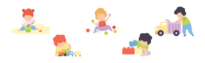 Baby Boy and Girl Playing Toys in Nursery Vector Set